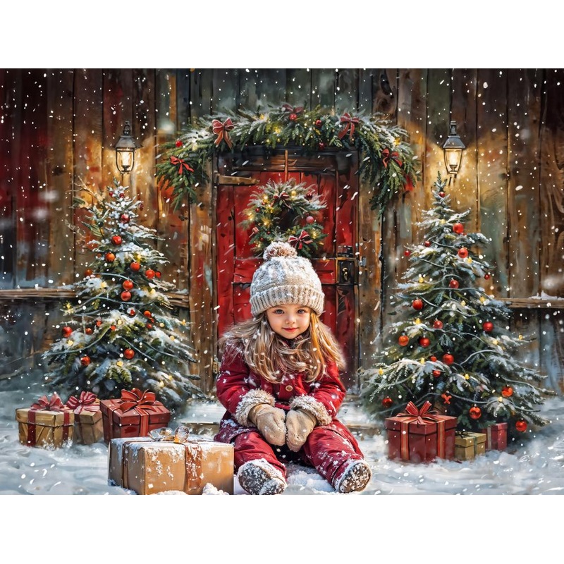 Kate Winter Christmas Red Door Wooden Cabin Backdrop Designed by Chain Photography 7x5ft - small kids sitting / cake smash Microfiber (Printed)