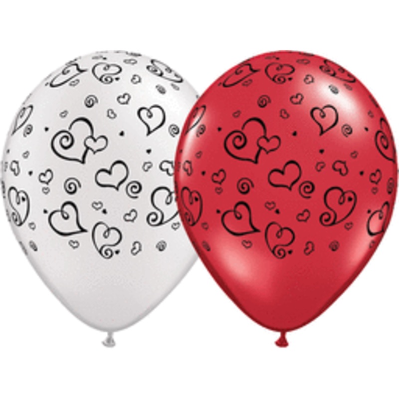Swirl Hearts Red/White 11 Latex Balloons (50 count)