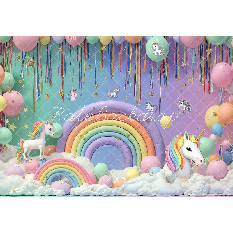 Kate Cake Smash Unicorn Rainbow Clouds Balloons Backdrop Designed by Emetselch Microfiber (Printed) 7x5ft - small kids sitting / cake smash