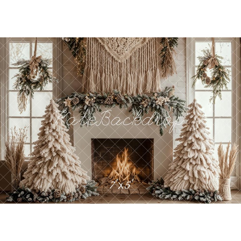 KBPA 2025 Kate Christmas Tree Boho Fireplace White Backdrop Designed by Emetselch Microfiber (Printed) 7x5ft - small kids sitting / cake smash