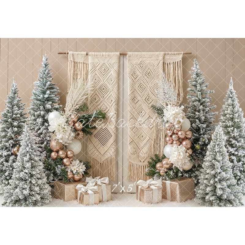 Kate Christmas Boho Macrame Frosted Trees Gift Boxes Backdrop Designed by Emetselch Microfiber (Printed) 7x5ft - small kids sitting / cake smash
