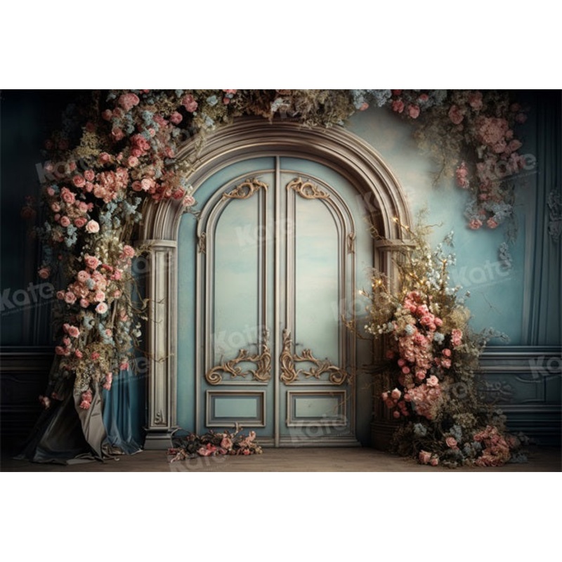 Kate Blue Door Pink Floral Arch Backdrop Designed by Emetselch Microfiber (Printed) 7x5ft - small kids sitting / cake smash