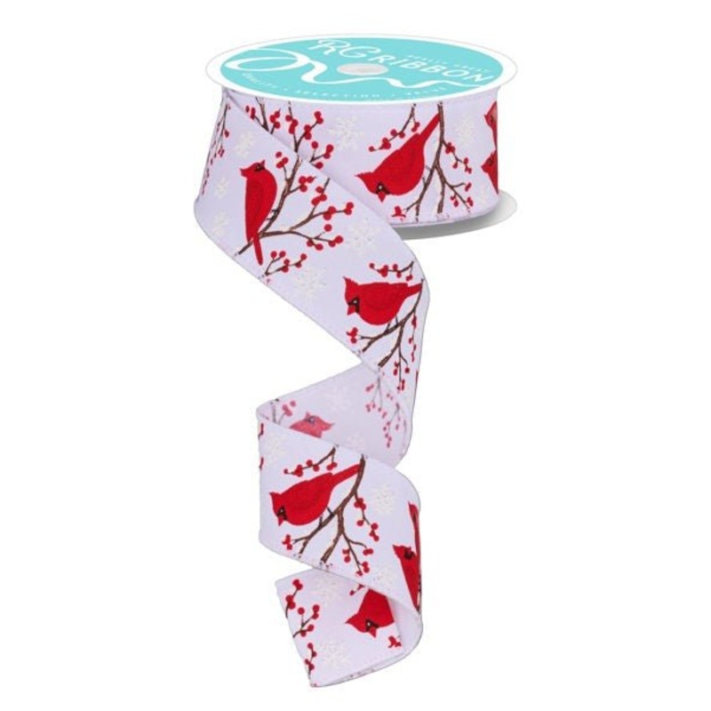 1.5" Cardinal Snowflake Ribbon: White - 10Yds