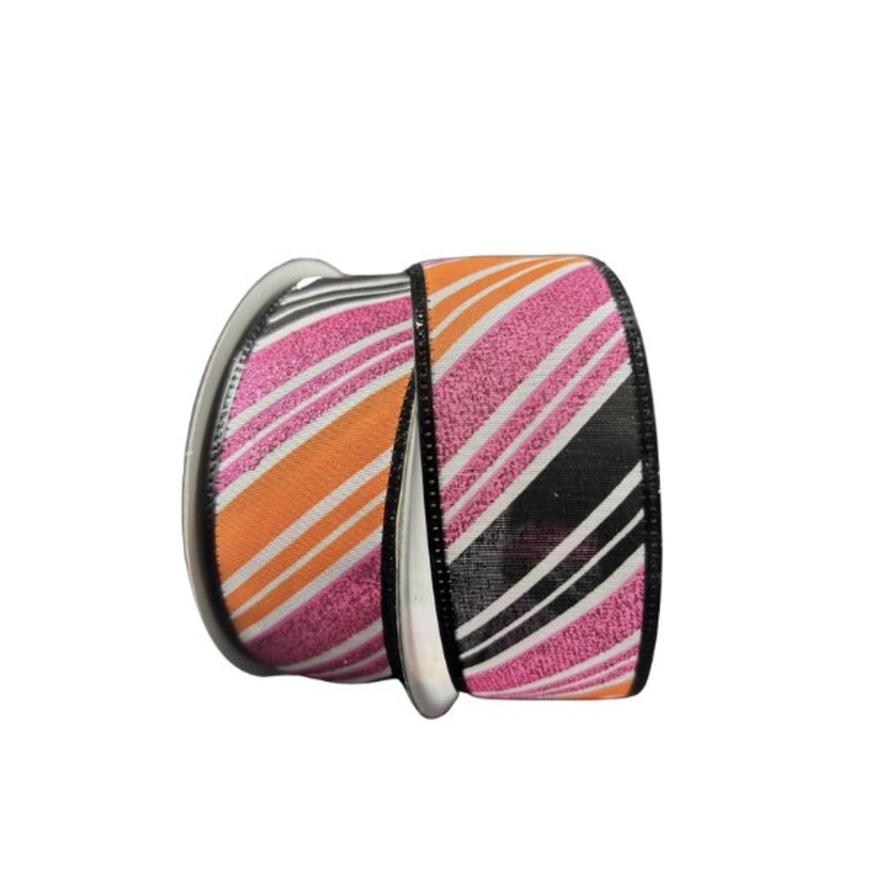1.5" Diagonal Glitter Stripe Ribbon: White/Black/Orange/Fuchsia - 10yds