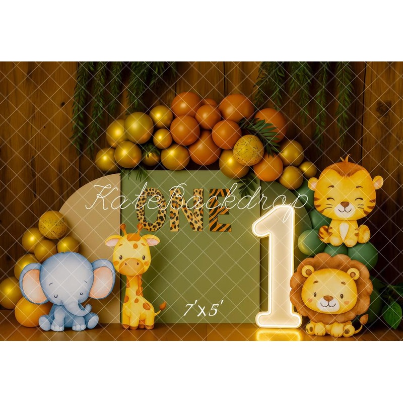 Kate 1st Birthday Jungle Safari Animals Backdrop Designed by Patty Roberts Microfiber (Printed) 7x5ft - small kids sitting / cake smash