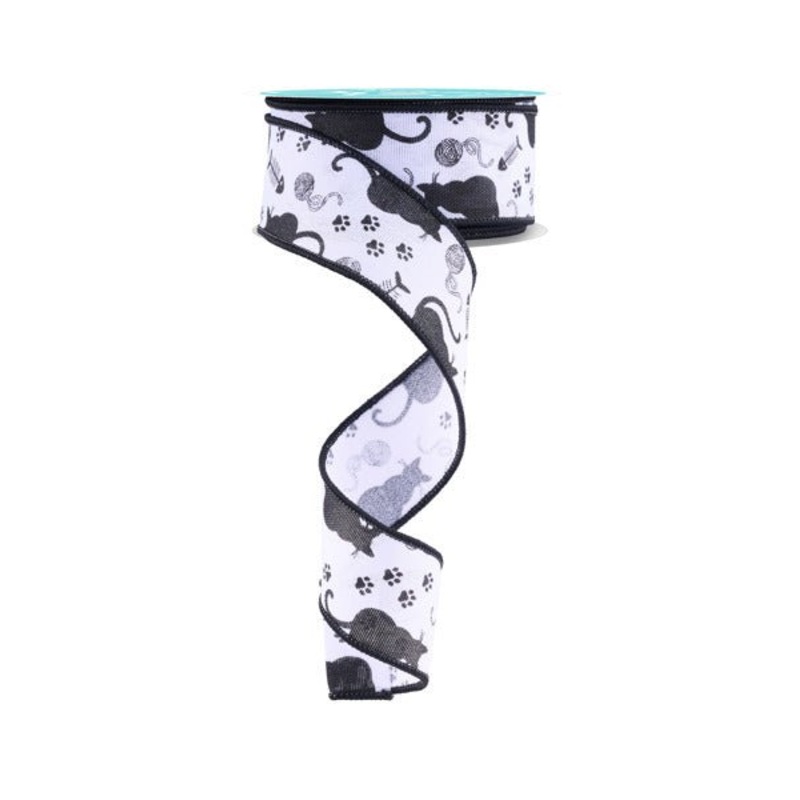 1.5" Cat Silhouette/Paw Print Ribbon: White/Black - 10yds