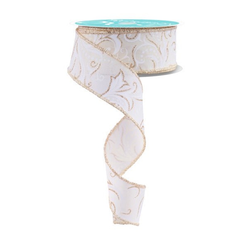 1.5" Glitter Leaf Filigree Ribbon: Ivory/White/Champagne