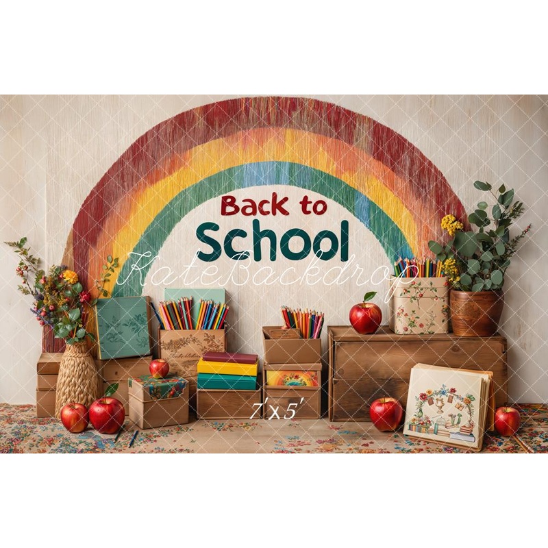 Kate Back to School Rainbow Vintage Wood Pencils Backdrop Designed by Emetselch Microfiber (Printed) 7x5ft - small kids sitting / cake smash