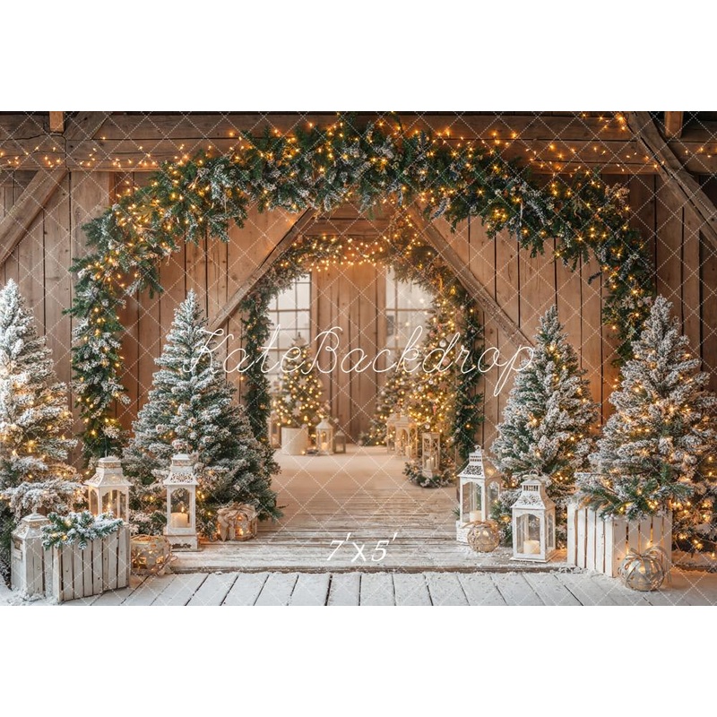 Kate Christmas Barn Garland Arch Snowy Pine Trees Lanterns Rustic Backdrop Designed by Emetselch Microfiber (Printed) 7x5ft - small kids sitting / cake smash