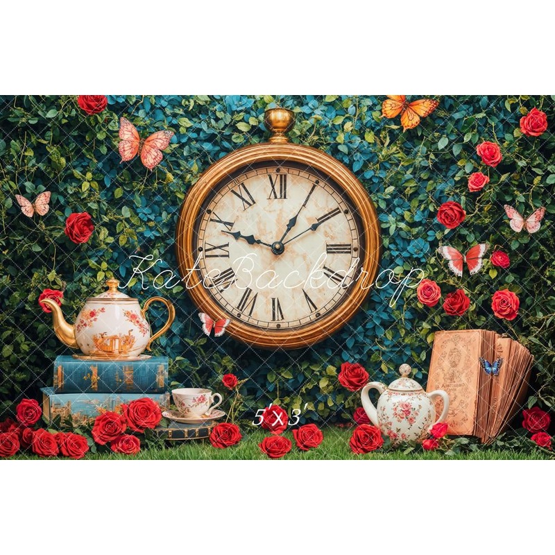 Kate Vintage Clock Tea Party Backdrop Designed by Emetselch Microfiber (Printed) 7x5ft - small kids sitting / cake smash