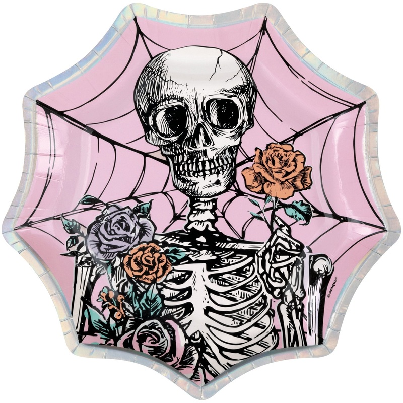 Spider Web & Skeleton Iridescent Paper Plates | 8 ct