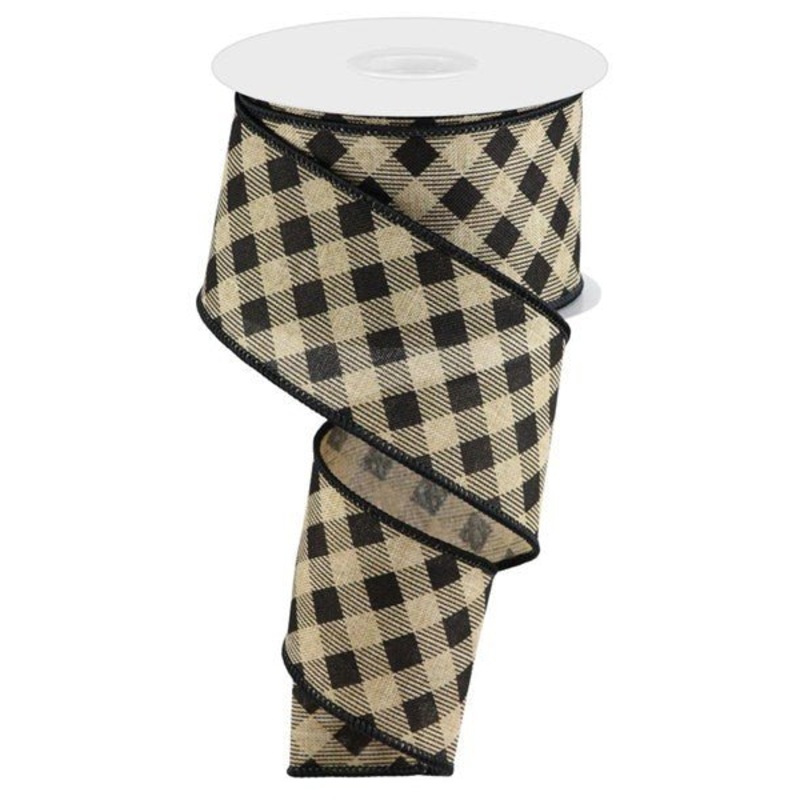 2.5" Small Diagonal Check Ribbon: Lt Beige/Black - 10yds