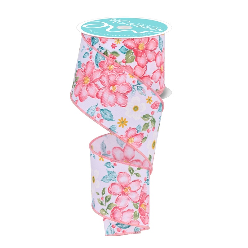 2.5" Watercolor Flowers Ribbon: White - 10yds