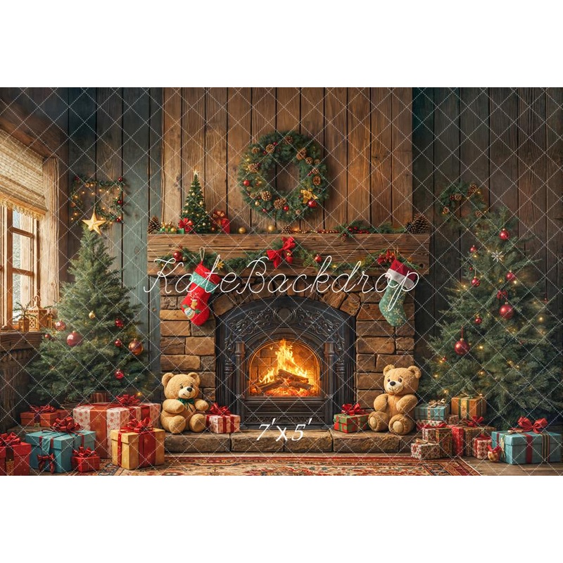 Kate Christmas Fireplace Trees Wreath Gifts Teddy Bears Backdrop Designed by Emetselch Microfiber (Printed) 7x5ft - small kids sitting / cake smash