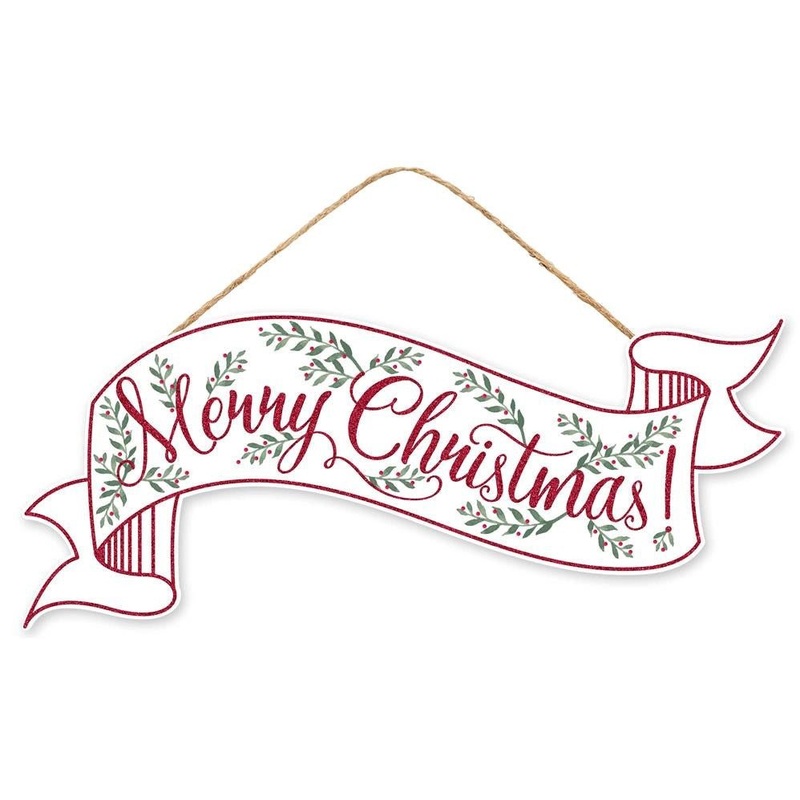 15" Merry Christmas Banner Sign: Wht/Red