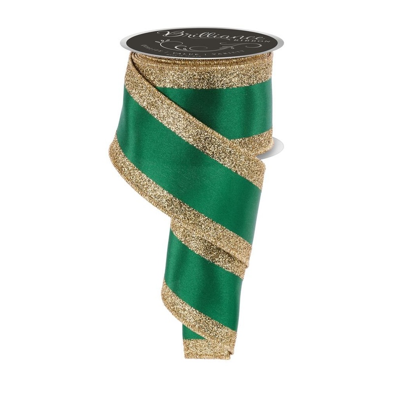 2.5" Vertical Glitter Tri-Stripe Ribbon: Emerald/Gold - 10yds