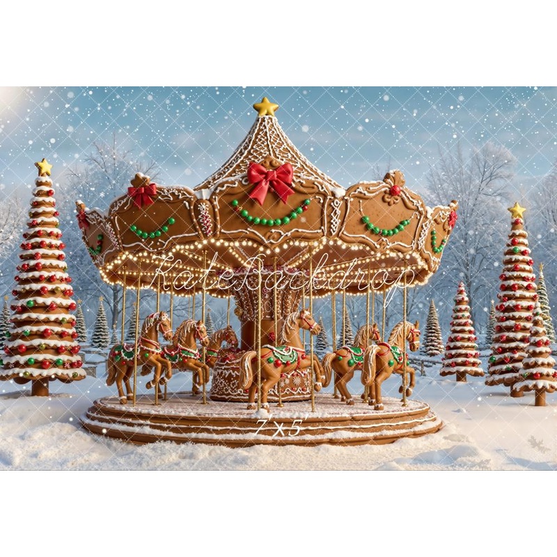 Kate Christmas Carousel Gingerbread Horses Snowy Trees Backdrop Designed by Emetselch Microfiber (Printed) 7x5ft - small kids sitting / cake smash
