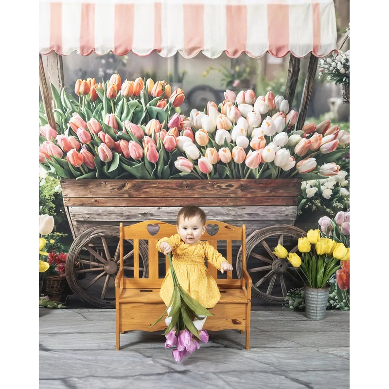 Kate Spring Tulips Flower Cart Backdrop Designed by Emetselch Microfiber (Printed) 7x5ft - small kids sitting / cake smash
