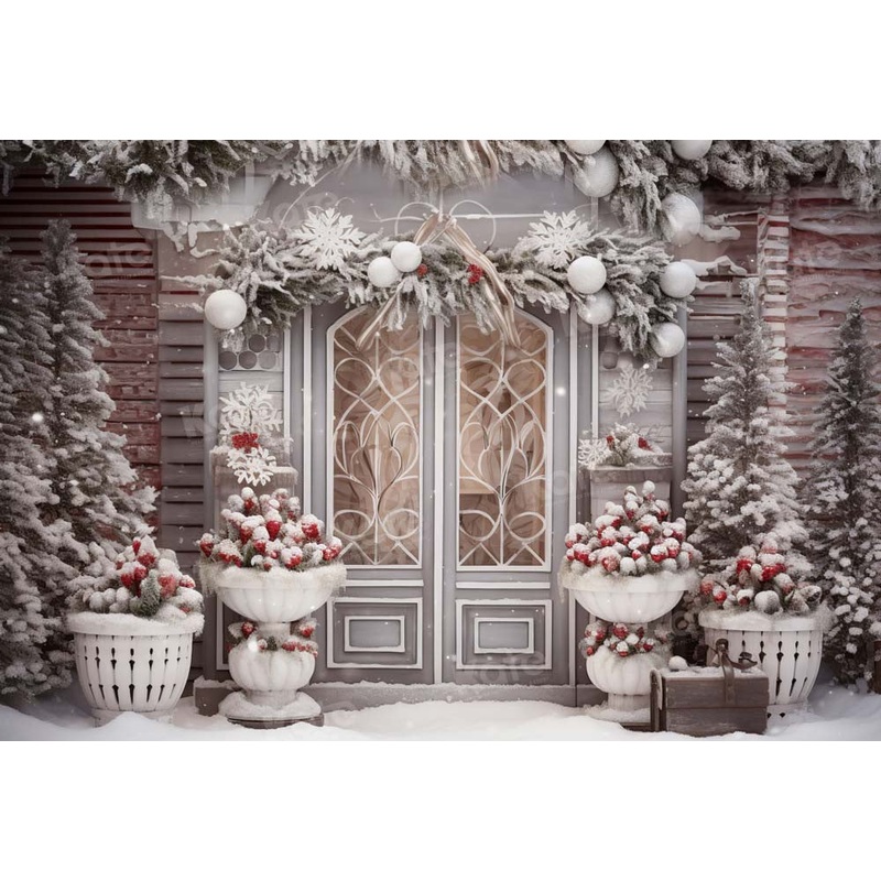 Kate Winter Christmas House Door with Red Backdrop Designed by Emetselch 7x5ft - small kids sitting / cake smash Microfiber (Printed)