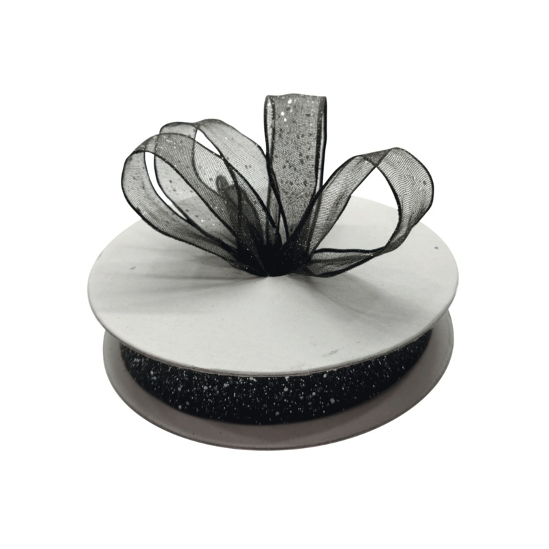 WIRED ORGANZA | BLACK WITH GLITTER | 15MM | 22MTR
