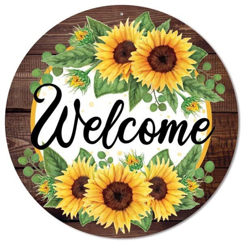 12" Round Metal Welcome/Sunflower Sign: Wood