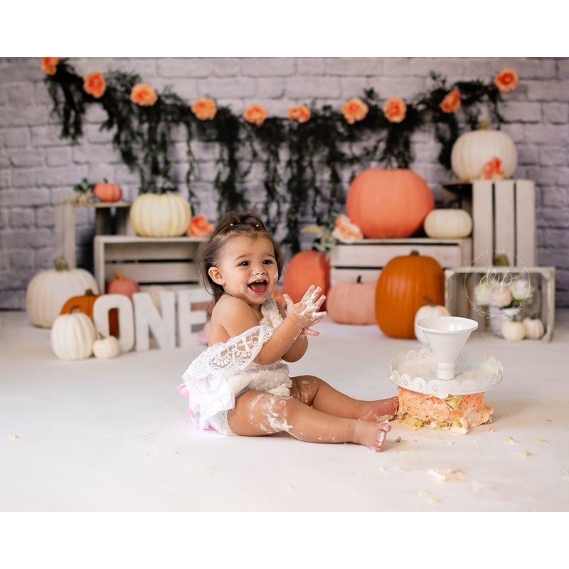 Kate Autumn Pumpkin Birthday White Brick Wall Backdrop Designed by Arica Kirby 7x5ft - small kids sitting / cake smash Microfiber (Printed)