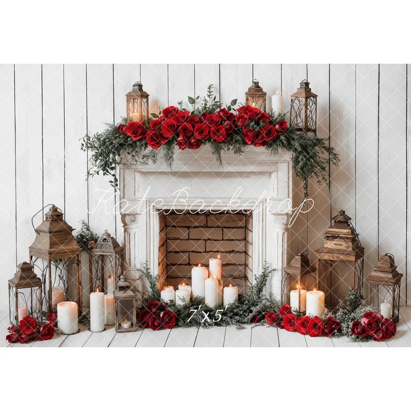 Kate Valentine's Day Romantic Fireplace Roses Backdrop Designed by Emetselch Microfiber (Printed) 7x5ft - small kids sitting / cake smash