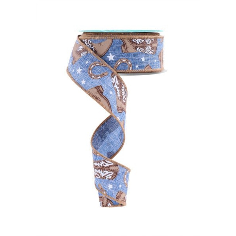 1.5" Cowboy Boots Ribbon: Blue - 10yds