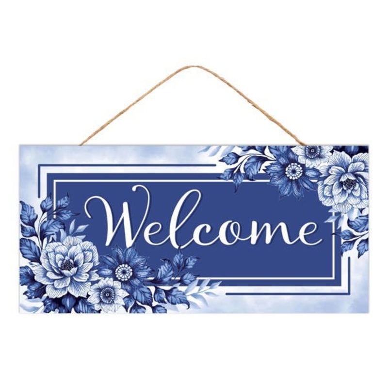 12.5" Blue Floral Welcome Sign