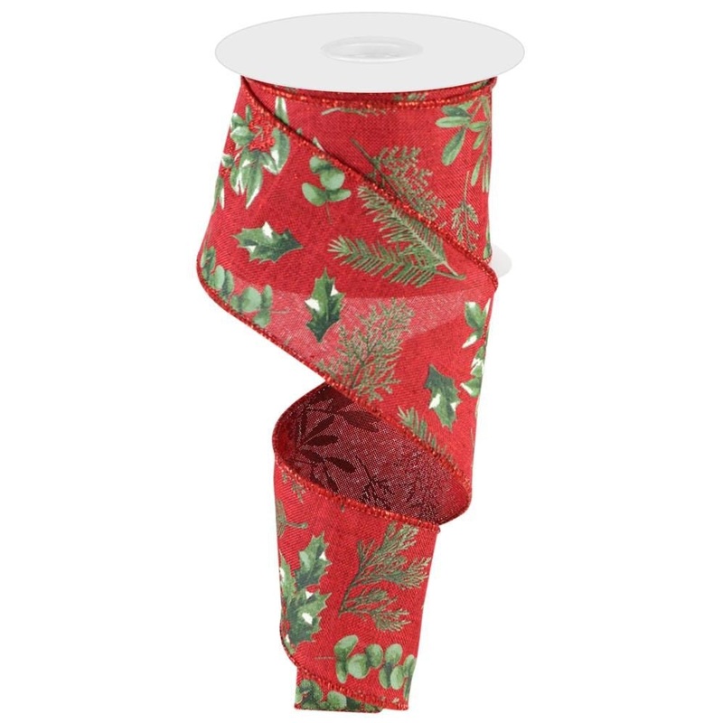 2.5" Winter Foliage Ribbon: Red/Grn - 10yds