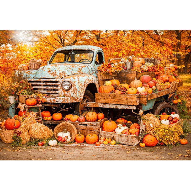 Kate Autumn Old Truck Pumpkins Backdrop for Photography 7x5ft - small kids sitting / cake smash Microfiber (Printed)