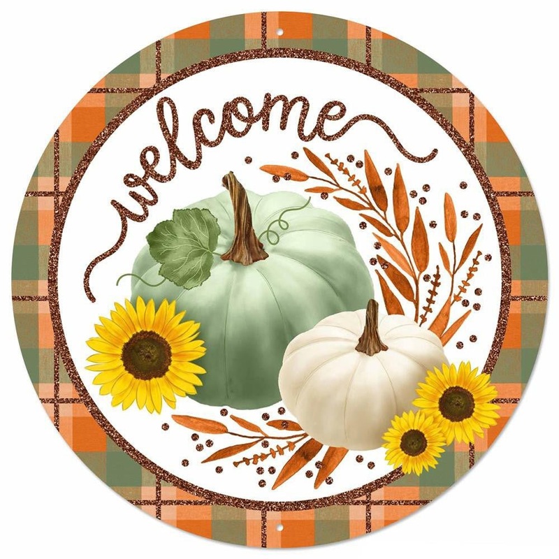 12" Metal Welcome Sign w/ Pumpkins: Sage/Org/Crm