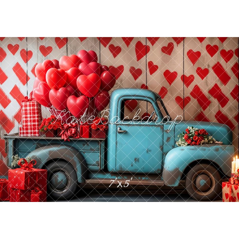 Kate Valentine's Blue Truck Heart Balloon Backdrop Designed by Emetselch Microfiber (Printed) 7x5ft - small kids sitting / cake smash