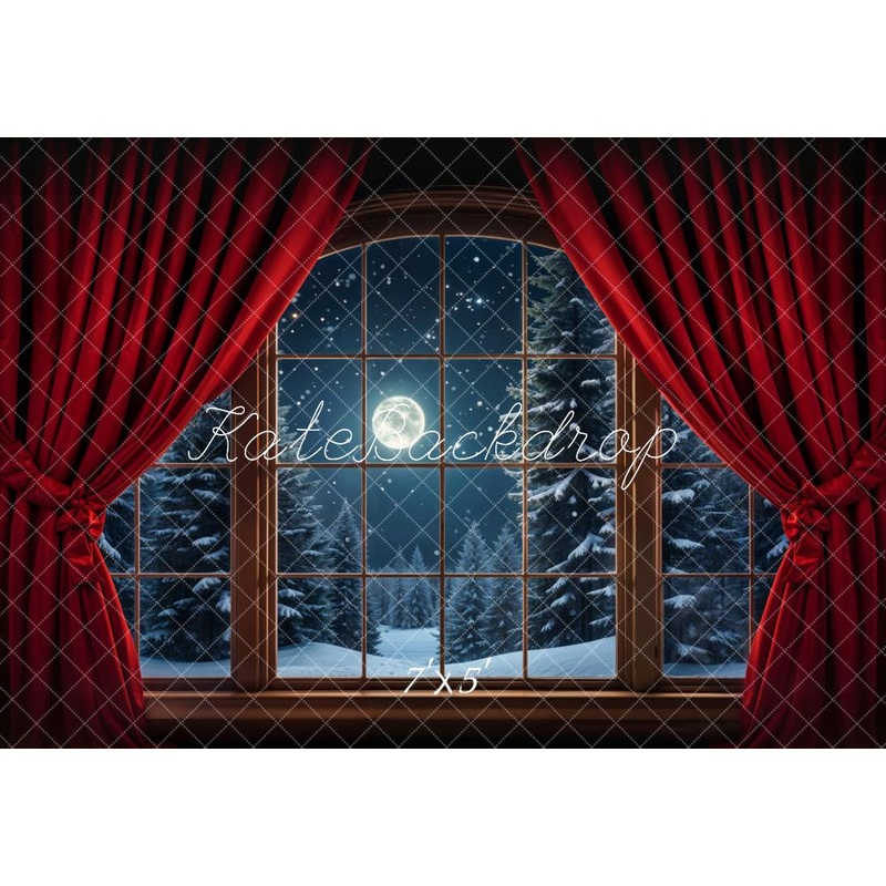 Kate Winter Forest Night Red Curtain Dark Brown Arch Window Backdrop Designed by Emetselch 7x5ft - small kids sitting / cake smash Microfiber (Printed)