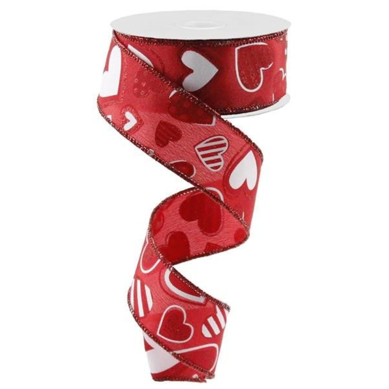 1.5" Patterned Hearts Ribbon: Red/Wht - 10yds