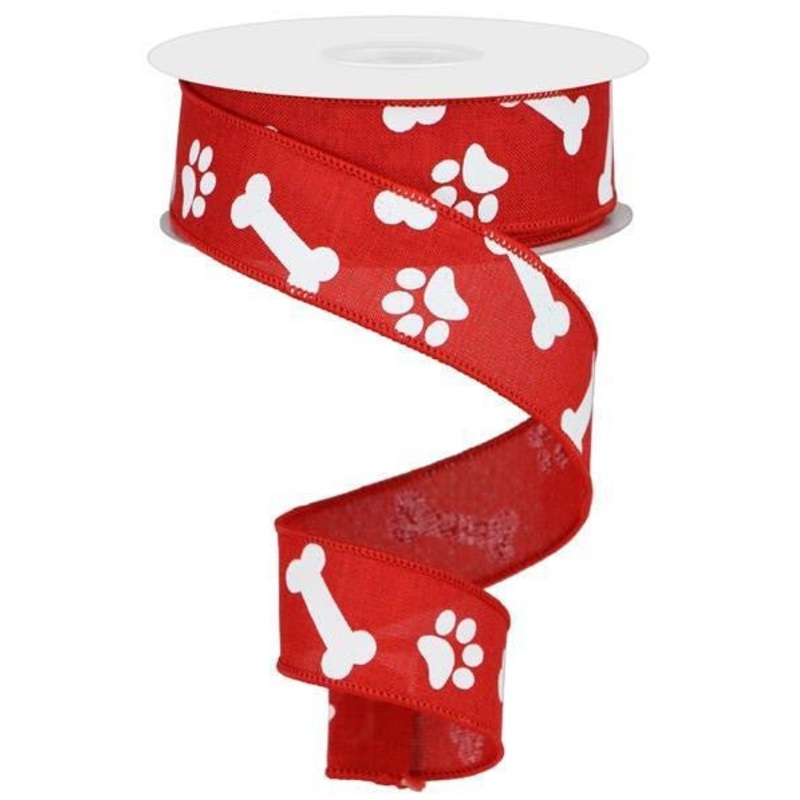 1.5" Paw Print Bone Ribbon: Red/White - 10yds