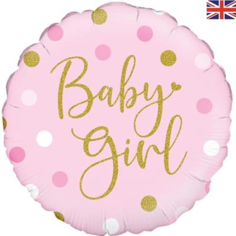 18 Standard Baby Girl Helium Foil Balloon - Pink & Gold Spots Design