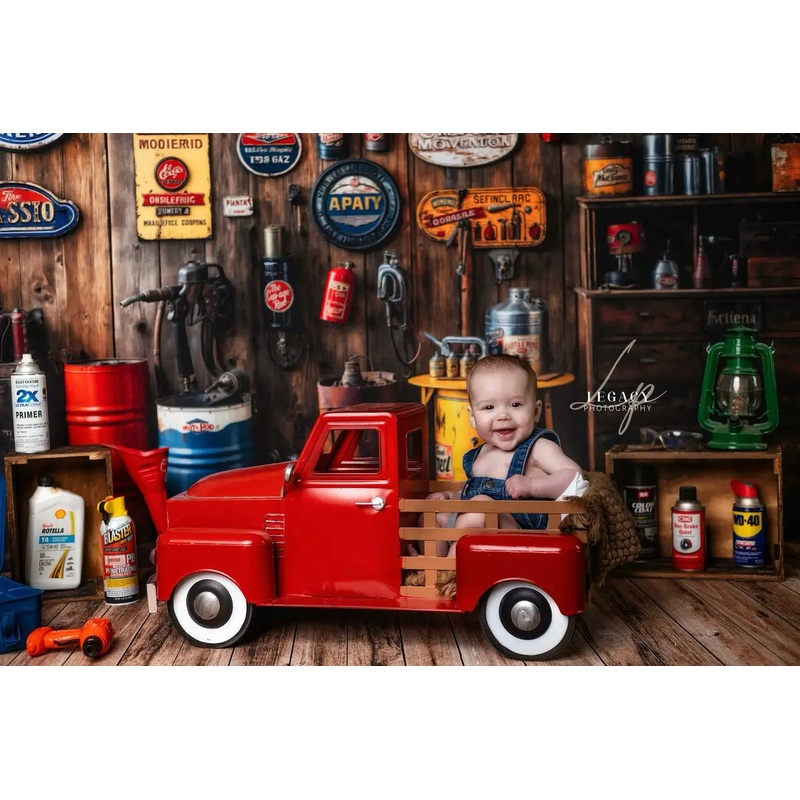 Kate Vintage Garage Wooden Wall Backdrop Designed by Emetselch Microfiber (Printed) 7x5ft - small kids sitting / cake smash