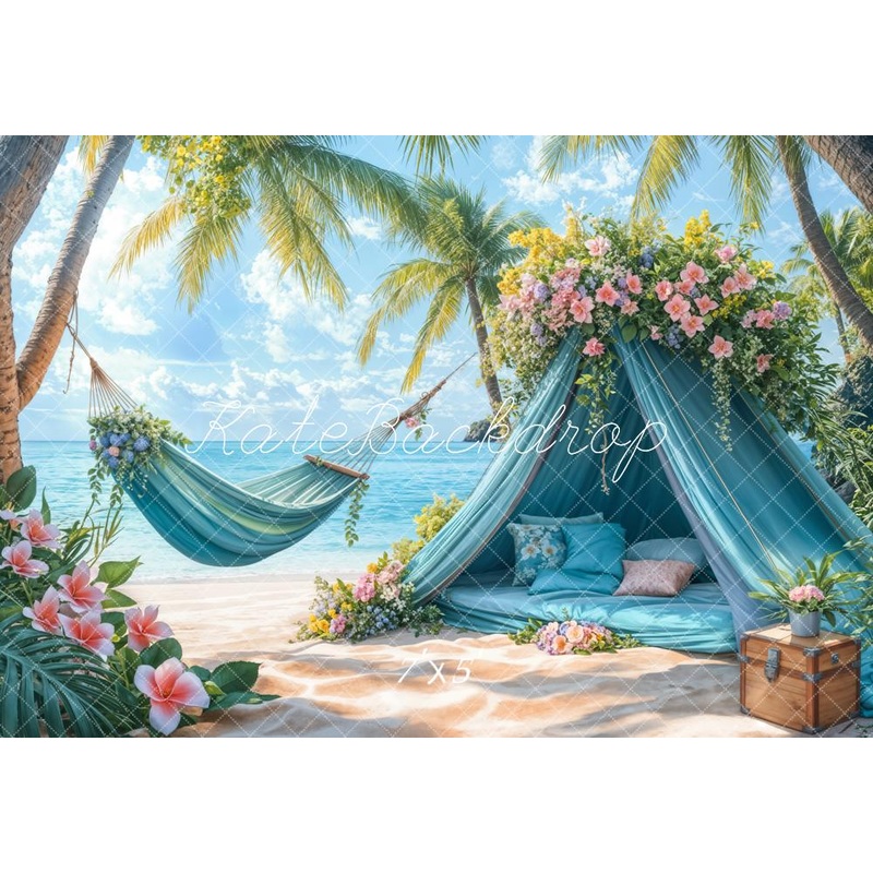 Kate Summer Beach Blue Tent Hammock Backdrop Designed by Emetselch Microfiber (Printed) 7x5ft - small kids sitting / cake smash