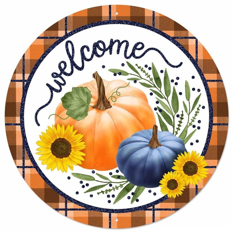 12" Metal Welcome Sign w/ Pumpkins: Org/Navy