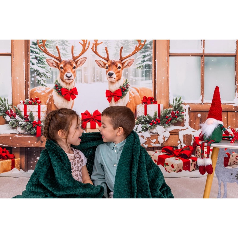 Kate Christmas Elk Wooden Door Snow Backdrop Designed by Emetselch Microfiber (Printed) 7x5ft - small kids sitting / cake smash