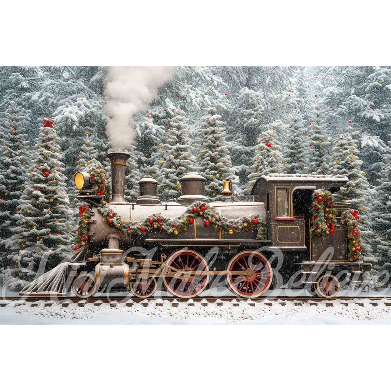 Kate Winter Outdoor Forest Christmas Retro Train Backdrop Designed by Mini MakeBelieve 7x5ft - small kids sitting / cake smash Microfiber (Printed)