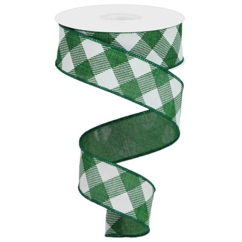 1.5" Diagonal Check Ribbon: Emerald Green/White - 10yds