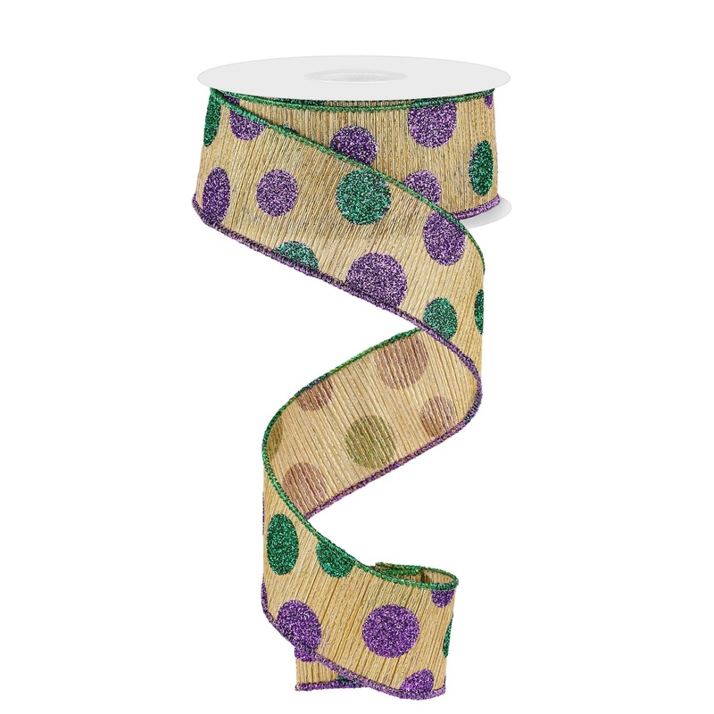 1.5" Mardi Gras Glitter Dot Ribbon - 10yds