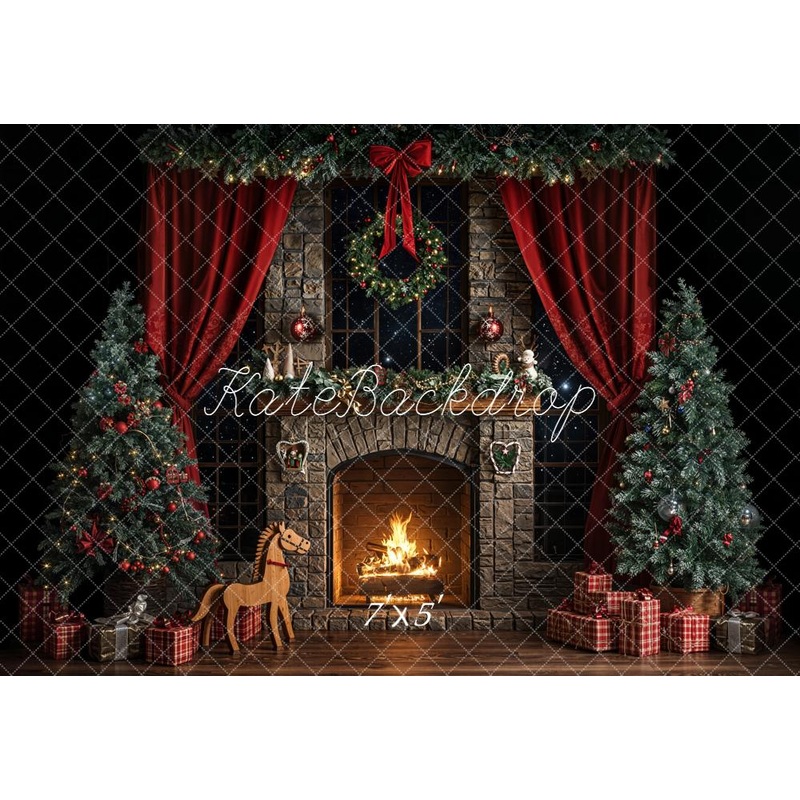 Kate Christmas Fireplace Tree Red Curtain Dark Backdrop Designed by Emetselch Microfiber (Printed) 7x5ft - small kids sitting / cake smash