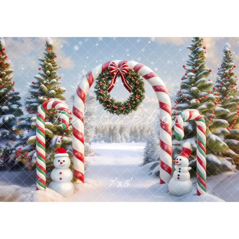 Kate Winter Christmas Forest Snowman Red White Candy Arch Backdrop Designed by Chain Photography 7x5ft - small kids sitting / cake smash Microfiber (Printed)