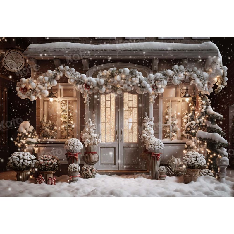 Kate Winter Christmas House Snow Light Backdrop Designed by Emetselch 7x5ft - small kids sitting / cake smash Microfiber (Printed)