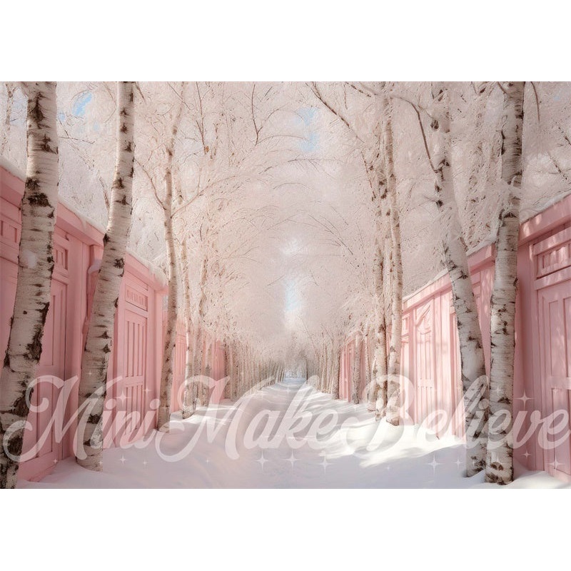 Kate Winter Christmas Pink Row of Birch Trees Snow Backdrop Designed by Mini MakeBelieve 7x5ft - small kids sitting / cake smash Microfiber (Printed)