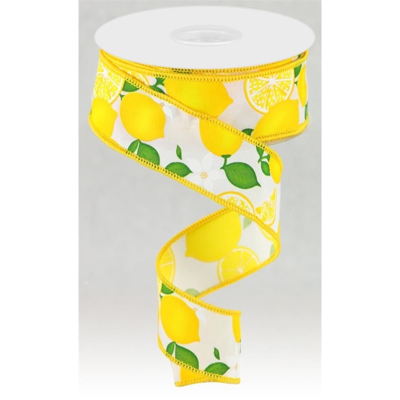 1.5" Lemon w/ Leaves Ribbon: White - 10yds