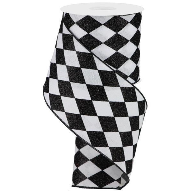 4" Glitter Harlequin Ribbon: White/Black - 10yds